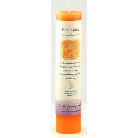 Compassion Reiki Charged pillar candle with orange blossom, vanilla, and chamomile scents.