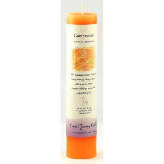 Compassion Reiki Charged pillar candle with orange blossom, vanilla, and chamomile scents.