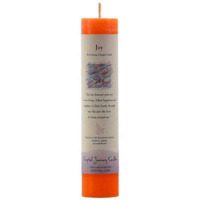 Joy Reiki Charged pillar candle for rituals, handcrafted with food-grade wax and cotton-paper wick.