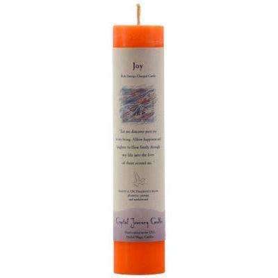 Joy Reiki Charged pillar candle for rituals, handcrafted with food-grade wax and cotton-paper wick.