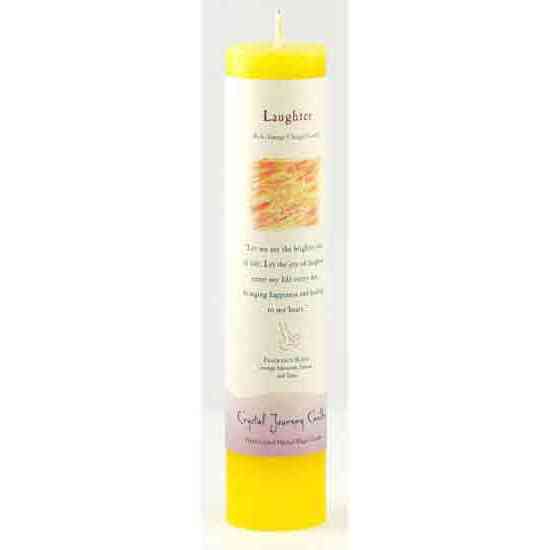 Laughter Reiki Charged Pillar Candle for joy and healing, 7 inches tall.