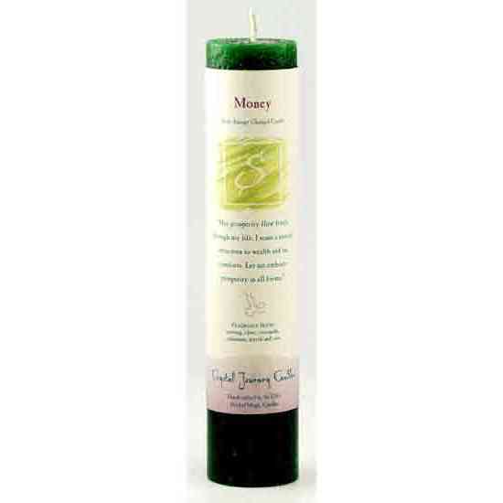 Money Reiki Charged Pillar Candle for wealth and prosperity rituals.