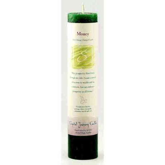 Money Reiki Charged Pillar Candle for wealth and prosperity rituals.