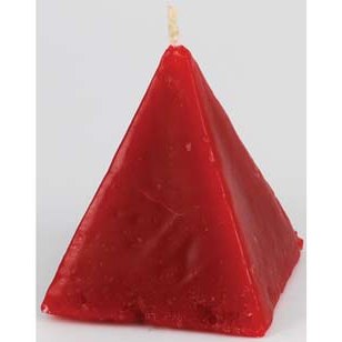 Red Cinnamon pyramid candle for love and energy rituals, 2.5 x 3 inches.