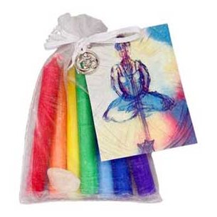 Reiki infused 7 Chakra candle kit with seven colored candles, tumbled quartz crystal, balancing charm, and spiritual guide card in a white organza bag.
