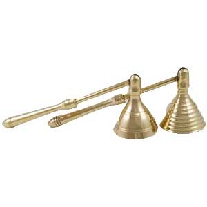 Brass candle snuffer with sculpted design for altar use.