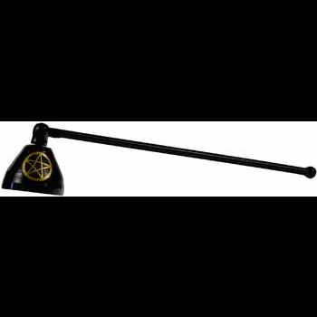 Pentagram candle snuffer with black enamel and gold pentagram design, 7-inch long handle.