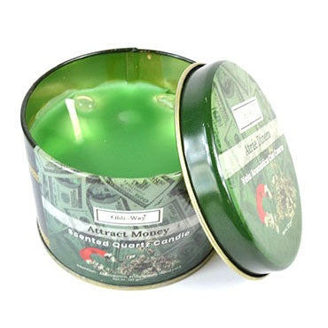 Green Atrae Dinero quartz tin candle with floral gold scent and crystal chips for abundance and prosperity rituals.