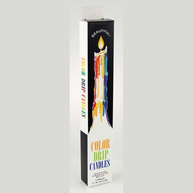 Set of 2 white taper candles with multi-color wax drips in packaging
