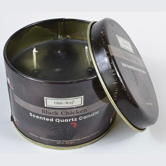 Gallina Negra black chicken quartz scented tin candle with crystal chips for spiritual cleansing and protection