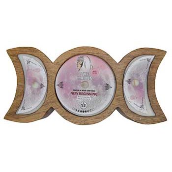 Wooden triple moon candle holder with Maiden New Beginning 60 hr white coconut wax candle and white hyacinth scent