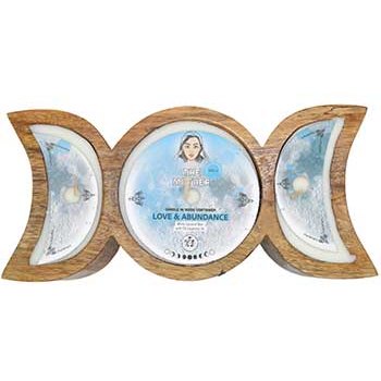 60 hour Mother Love and Abundance triple moon candle in wooden container with vanilla scent and three wicks