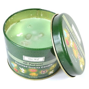 All Purpose quartz tin candle with lime scent and crystal chips in green tin.