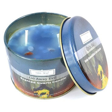 Quita Mal Go Away Evil quartz tin candle with blue wax, berry fruit scent, and crystal chips for spiritual cleansing and protection