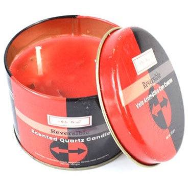 Reversible quartz tin candle with Mysore wood scent in red and black tin packaging.