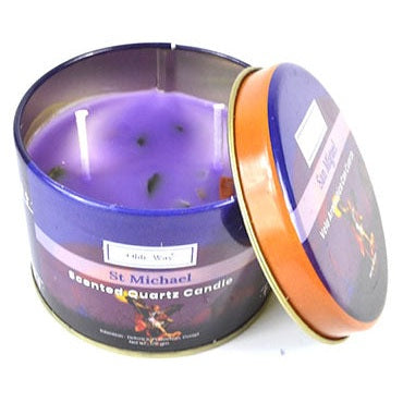 San Miguel St Michael quartz tin candle with coral bloom scent and crystal chips for protection and positive energy