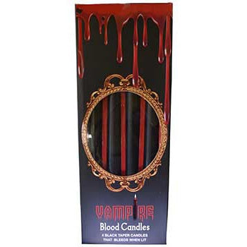 Set of 4 vampire blood red taper candles in black packaging with dripping blood design