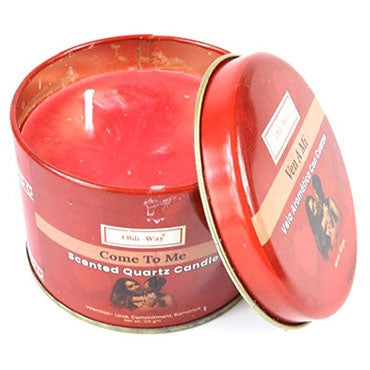 Ven A Mi quartz tin candle with orange scent and crystal chips for love and romance.