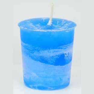 Light blue Ascended Masters Herbal Votive Candle infused with calming herbs and Reiki energy for spiritual protection and intuitive clarity.