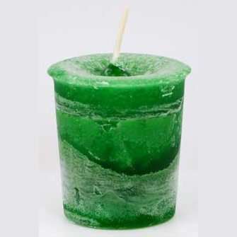 Green Money Herbal votive candle charged with Reiki energy for abundance and prosperity