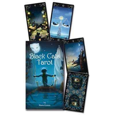 Black Cats tarot deck by Maria Kurarai featuring magical black cats in Rider-Waite style