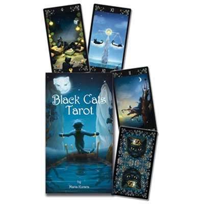 Black Cats tarot deck by Maria Kurarai featuring magical black cats in Rider-Waite style