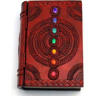 4" x 6" Chakra book box with faux leather embossed cover, 7 chakra stones on top, and hinged cold cast resin design for storing trinkets.