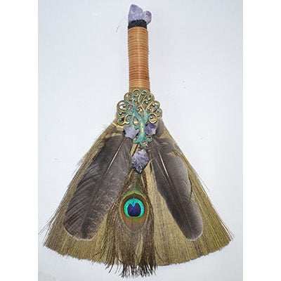 Ritual Cleansing Broom with Peacock Feather, 13 Inches