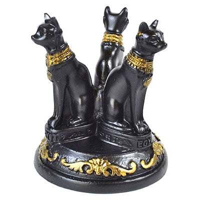2 3/4 inch Bastet crystal ball stand holding 50mm crystal ball with three Egyptian goddess figures