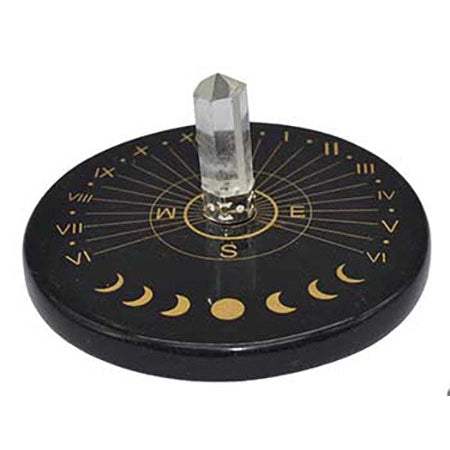 3-inch Black Agate & Crystal Sun Clock altar tile with moon phase etchings and central quartz crystal for spiritual rituals