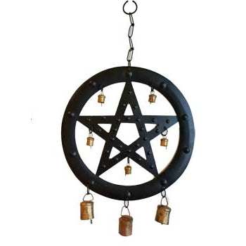 Black Pentagram Wind Chime with eight copper bells for spiritual protection and energy cleansing