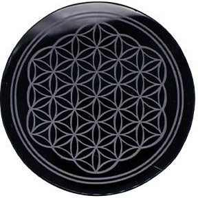 4" Obsidian, Black Flower of Life altar tile
