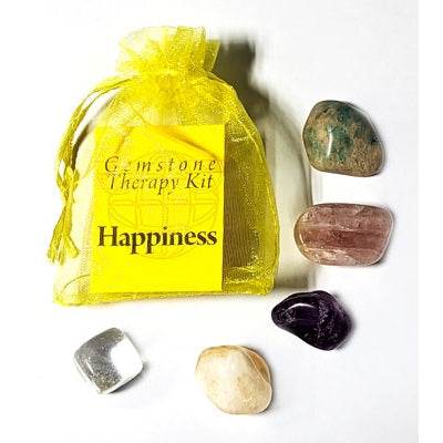Happiness gemstone therapy kit with Amazonite, amethyst, citrine, quartz, and rose quartz in yellow organza bag for chakra cleansing and positive energy