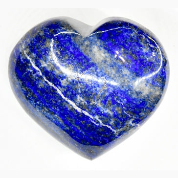 Polished blue and white heart-shaped lapis lazuli stone with natural veining and glossy finish