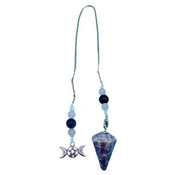 Lepidolite Triple Moon 6 sided pendulum with gemstone beads and Triple Moon charm for spiritual and divination use