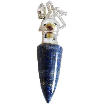 Lapis chambered pendulum with removable bob for holding sacred oils and herbs, used for healing and divination.