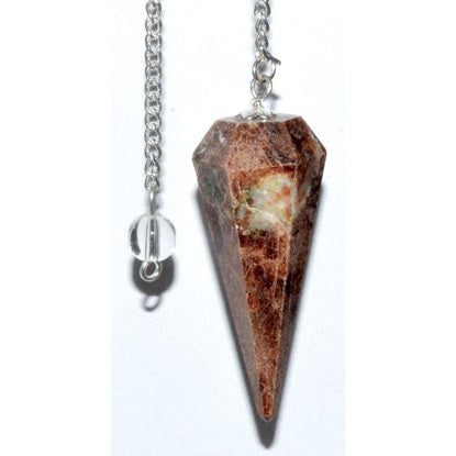 6-sided garnet pendulum with silver chain and clear bead for spiritual energy work and grounding