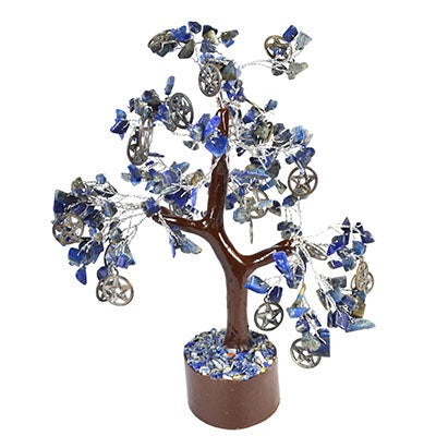 Lapis W pentacles gemstone tree with deep blue lapis lazuli beads and silver pentacle charms on a brown base for spiritual decor