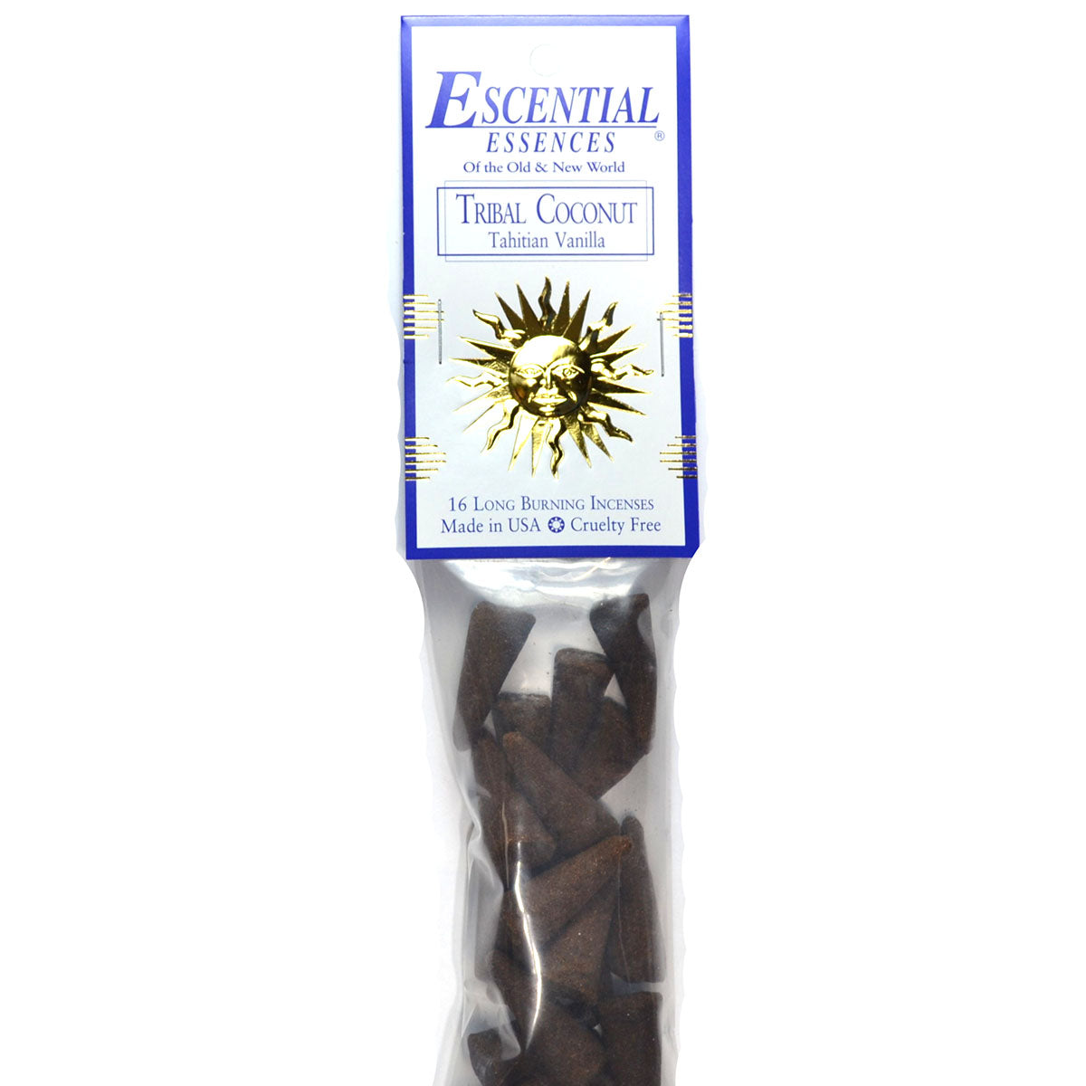 Tribal Coconut Tahitian Vanilla Long Burning Incense Cones by Escential Essences, 16 Cones