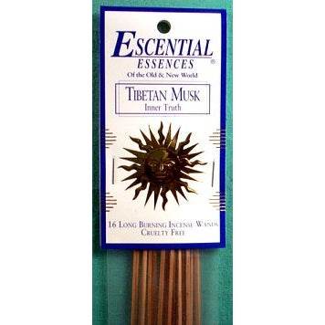 Package of 16 hand-dipped Tibetan Musk incense sticks by Escential Essences with spiritual imagery and musky scent for meditation and inner truth.