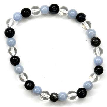 6mm Blk Labradorite, Angelite, Quartz bracelet