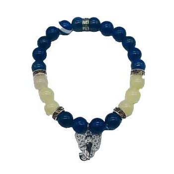 8mm Lapis and honey jade beaded bracelet with silver-toned Ganesha charm
