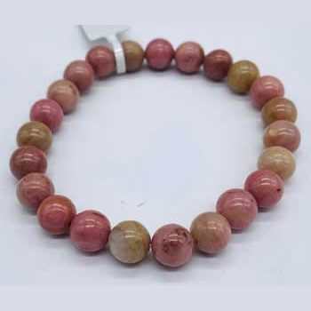 8mm Rhodonite bracelet with polished round beads in shades of pink and brown for healing and spiritual energy