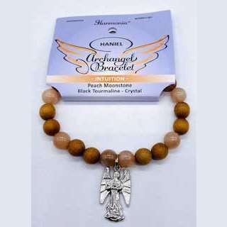 Archangel Haniel Intuition Bracelet with peach moonstone, quartz, black tourmaline, wooden beads, and Haniel charm for spiritual protection and enhanced intuition