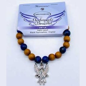 8mm Archangel Melchizedek Virtue bracelet with wooden, lapis lazuli, quartz crystal, black tourmaline beads and Archangel charm