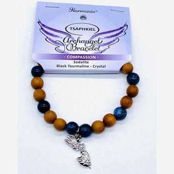 Archangel Tsaphkiel Compassion Bracelet with wooden, sodalite, quartz, and black tourmaline beads for empath protection and spiritual balance