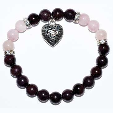 8mm Garnet and Rose Quartz beaded bracelet with heart charm on white background
