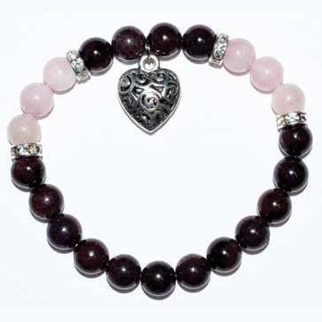 Garnet Rose Quartz Heart Bracelet, 8mm
