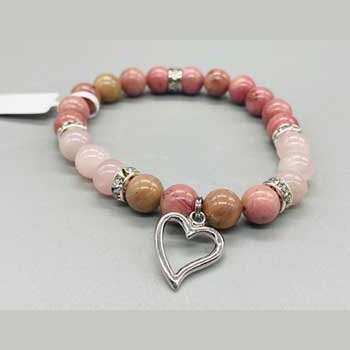 Rhodonite and Rose Quartz Bracelet, 8mm with Heart