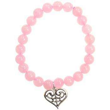 Rose Quartz Love Scroll heart silver bracelet with Celtic Knot charm and natural polished beads